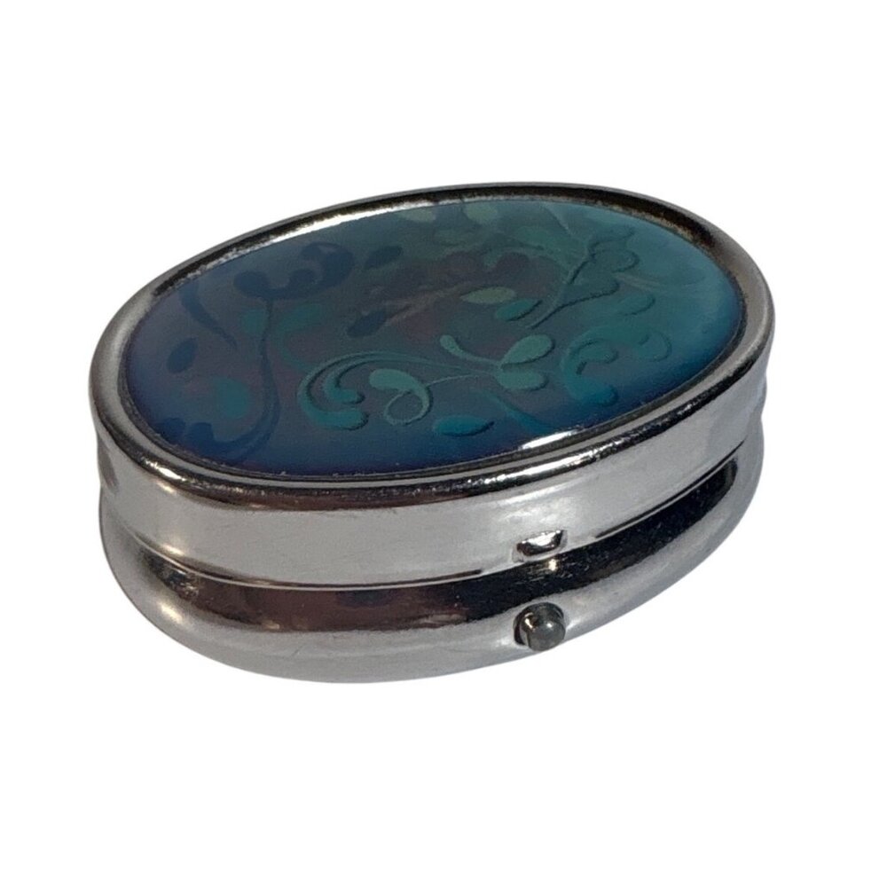 Blue Enamel Floral Oval Pill Box With Hinged Lid 2 Compartments 2" Long